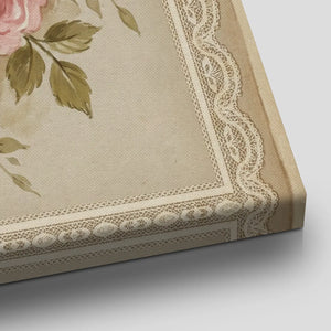 Canvas wall decor with a nostalgic composition of lace-trimmed hearts and pastel roses, ideal for feminine or shabby chic interiors.