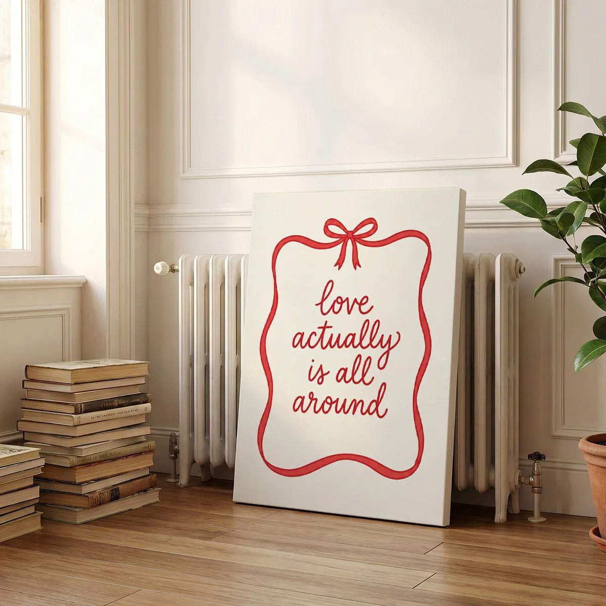 Gallery wrapped canvas showing cheerful red cursive text within a loose ribbon rectangle on a white field