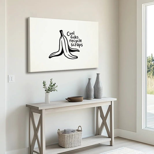 Bold monochrome canvas wall art with playful banana peel graphic and eco-themed quote in casual script
