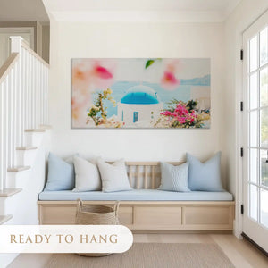Charming coastal painting blending bright flowers and ocean horizon for serene wall