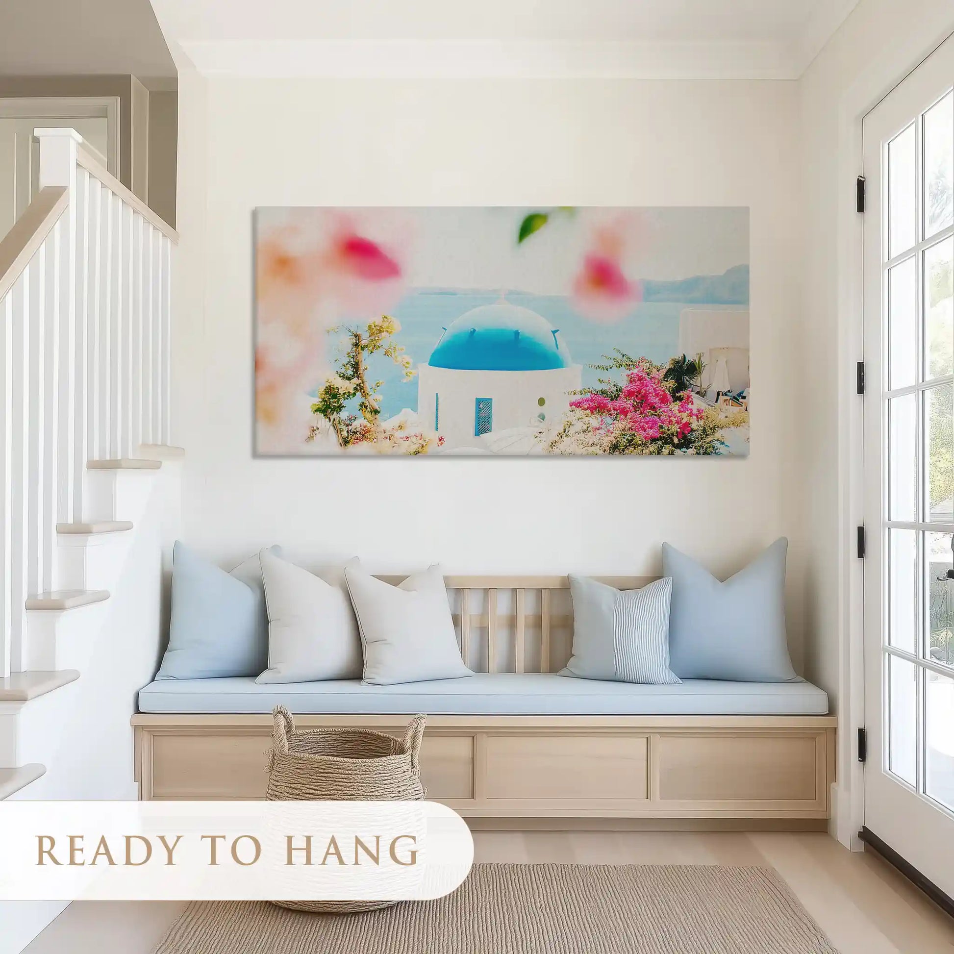 Charming coastal painting blending bright flowers and ocean horizon for serene wall