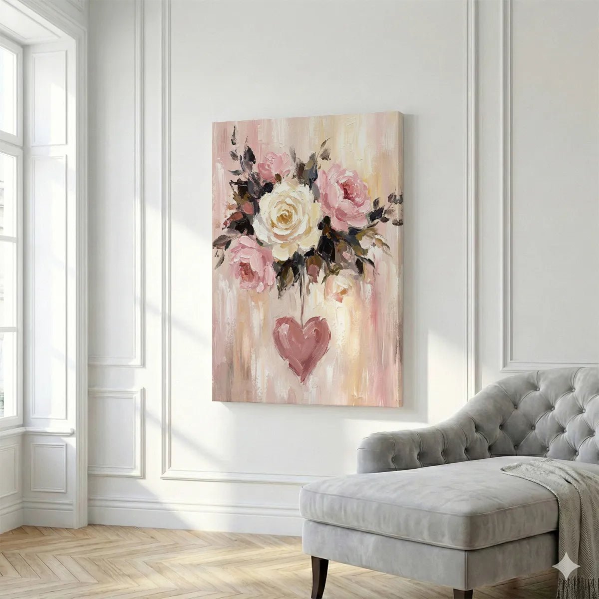Modern canvas art with impressionist roses and a symbolic heart, rendered in warm pinks and greens