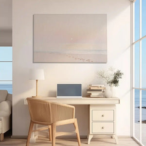 Oversized pastel beach canvas print styled as calming wall decor for homes