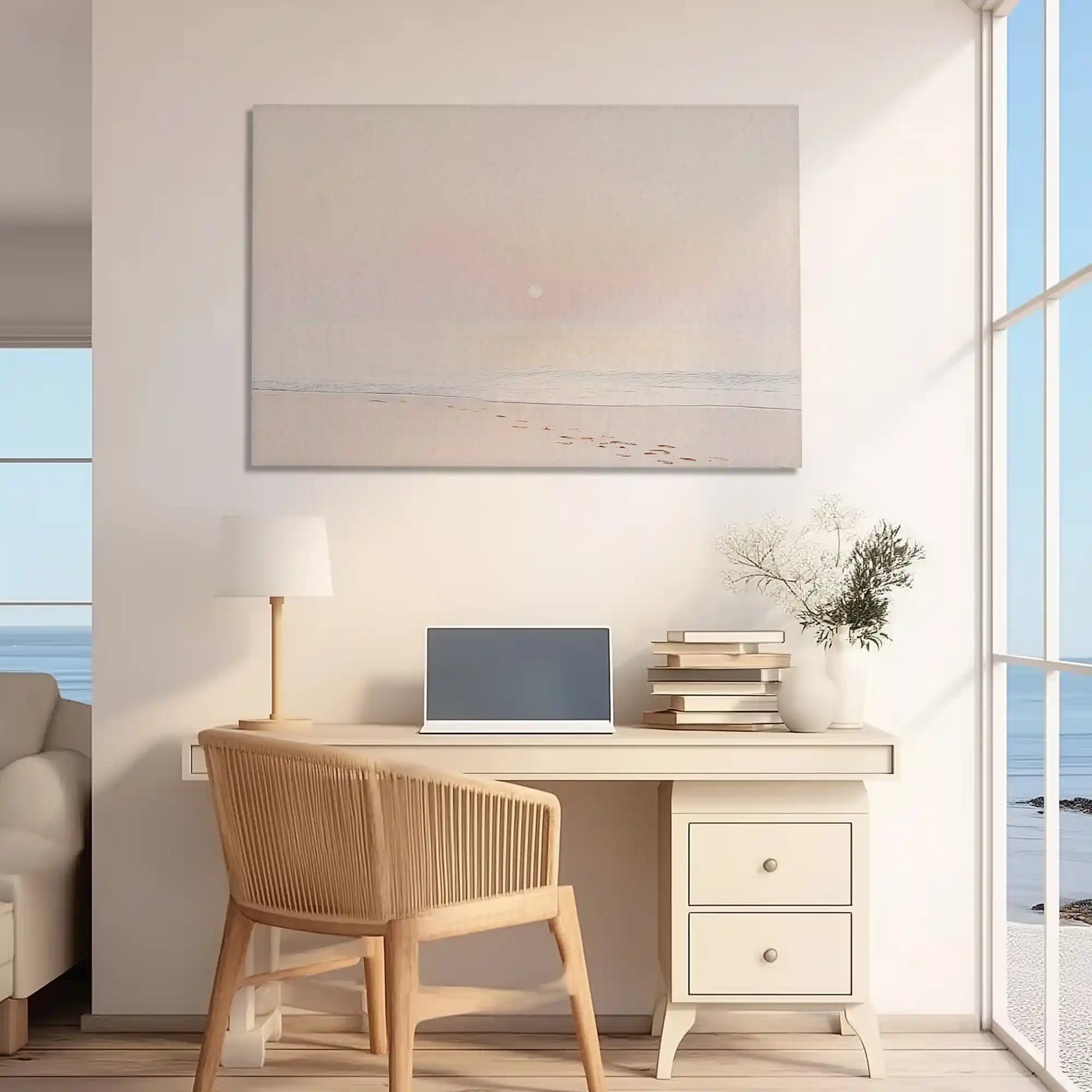 Oversized pastel beach canvas print styled as calming wall decor for homes
