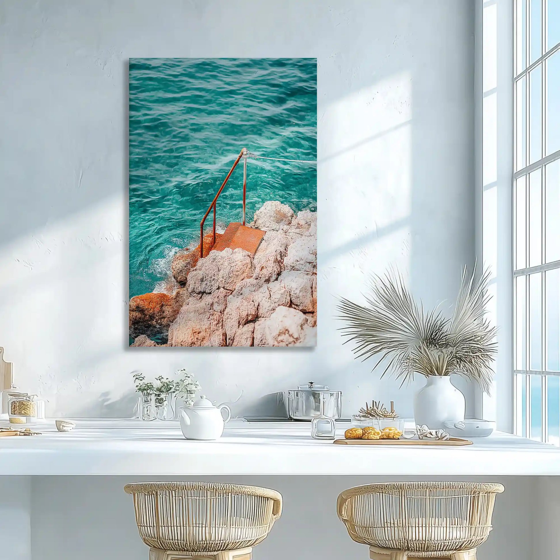 Vivid turquoise water and rocky shoreline canvas print adding vibrant calm to wall decor