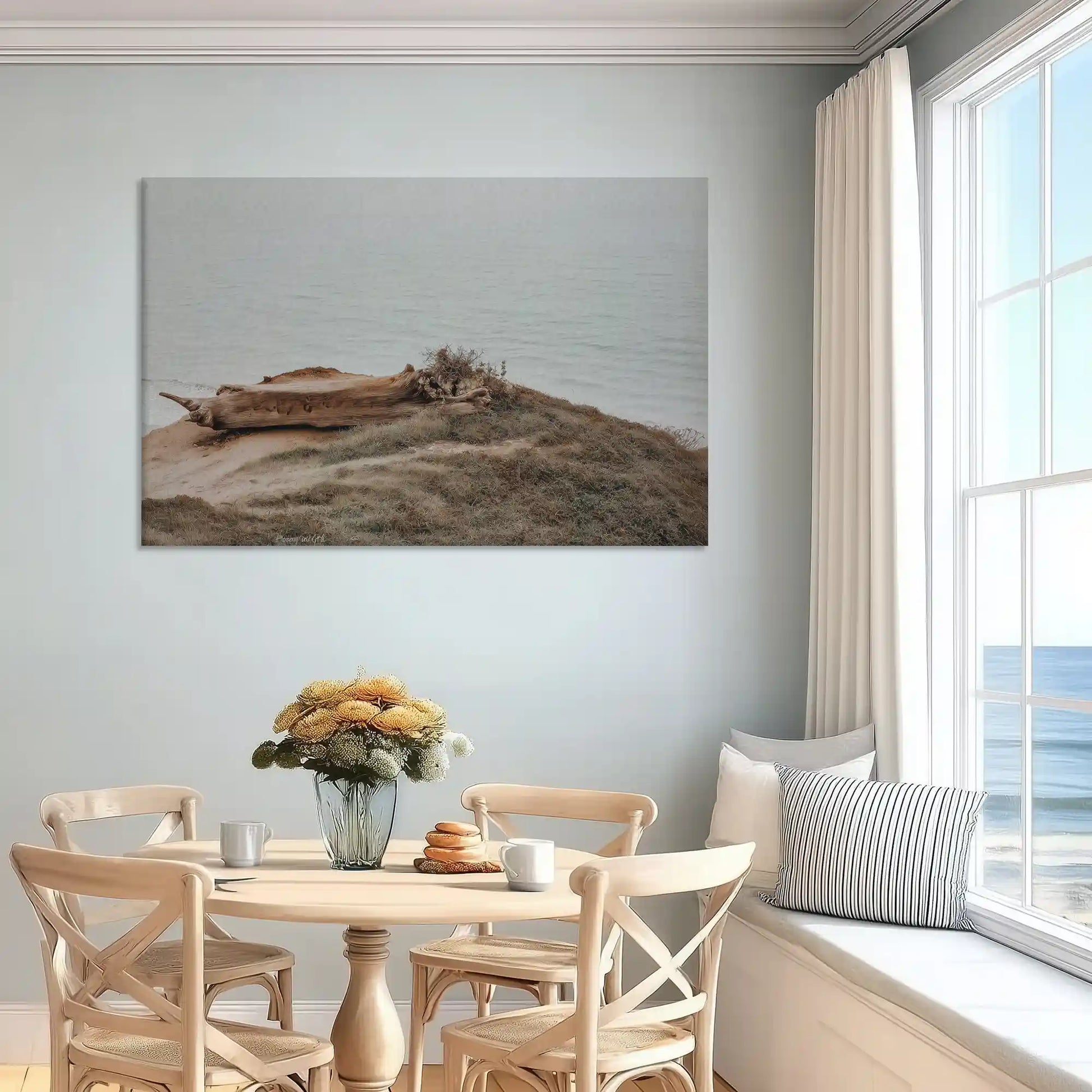Modern coastal canvas wall art designed for bedroom interiors with driftwood and soft sea view