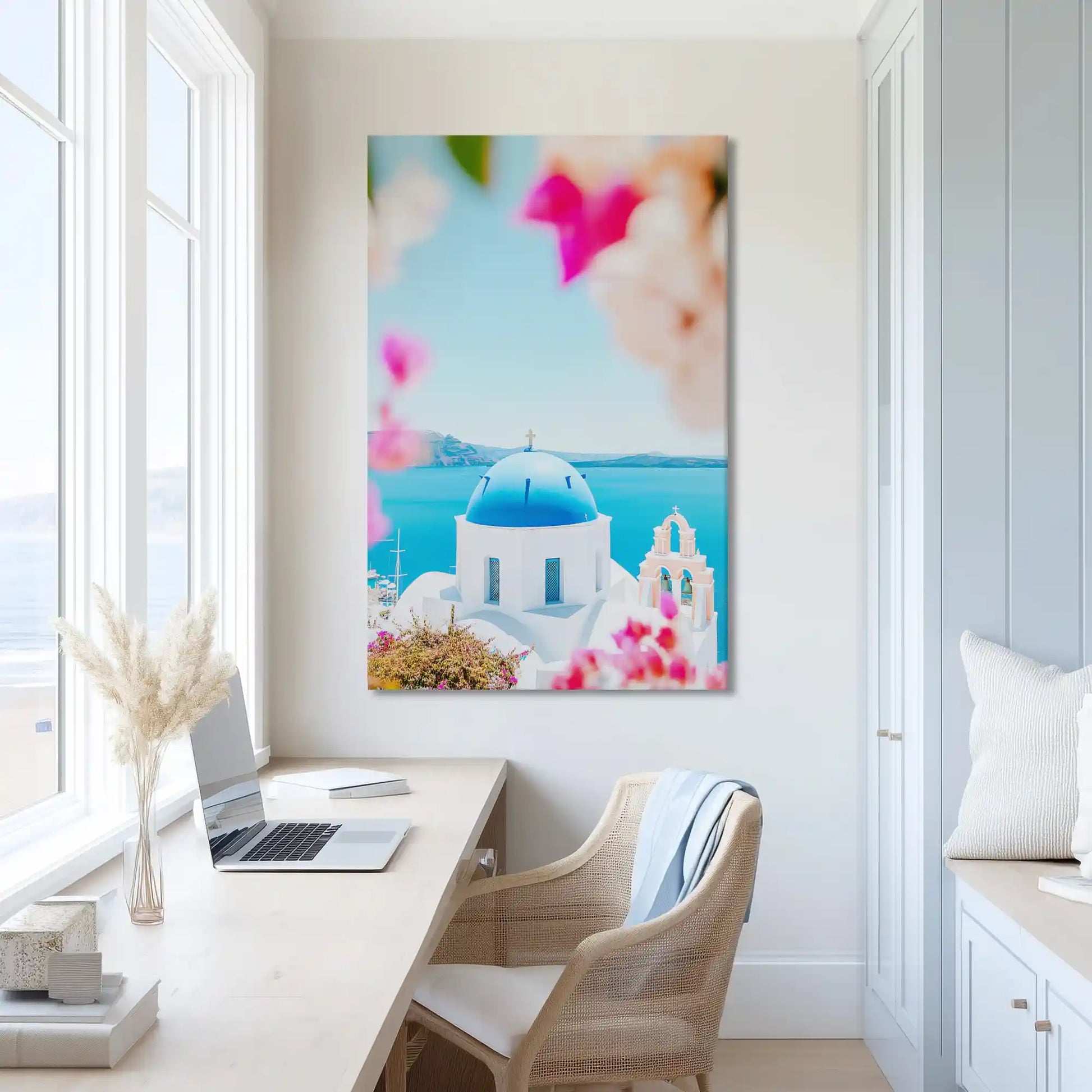 Peaceful Mediterranean painting in soft tones, perfect wall decor enhancing natural light farmhouse design
