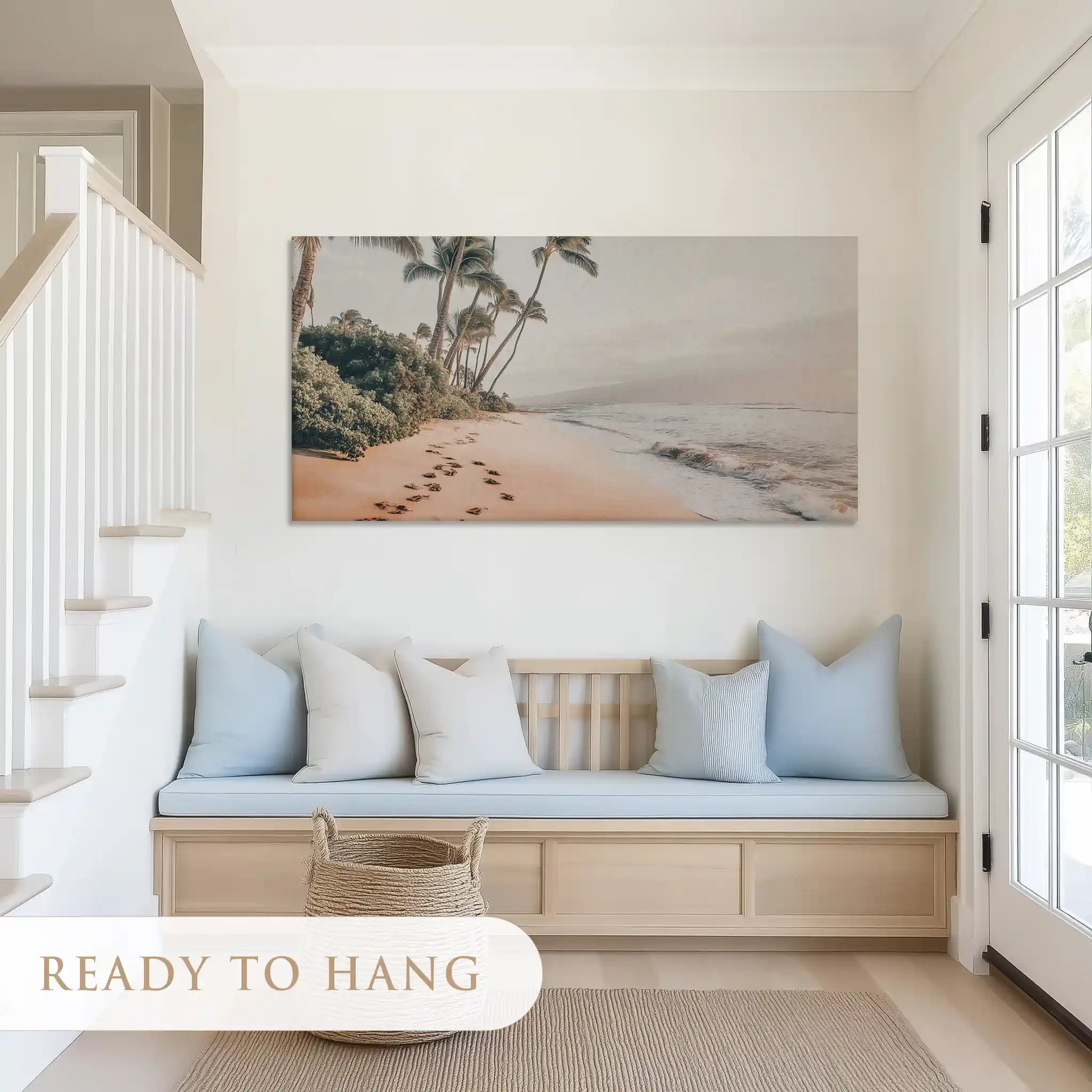 Tropical beach canvas wall art with palm trees and footprints for living room décor
