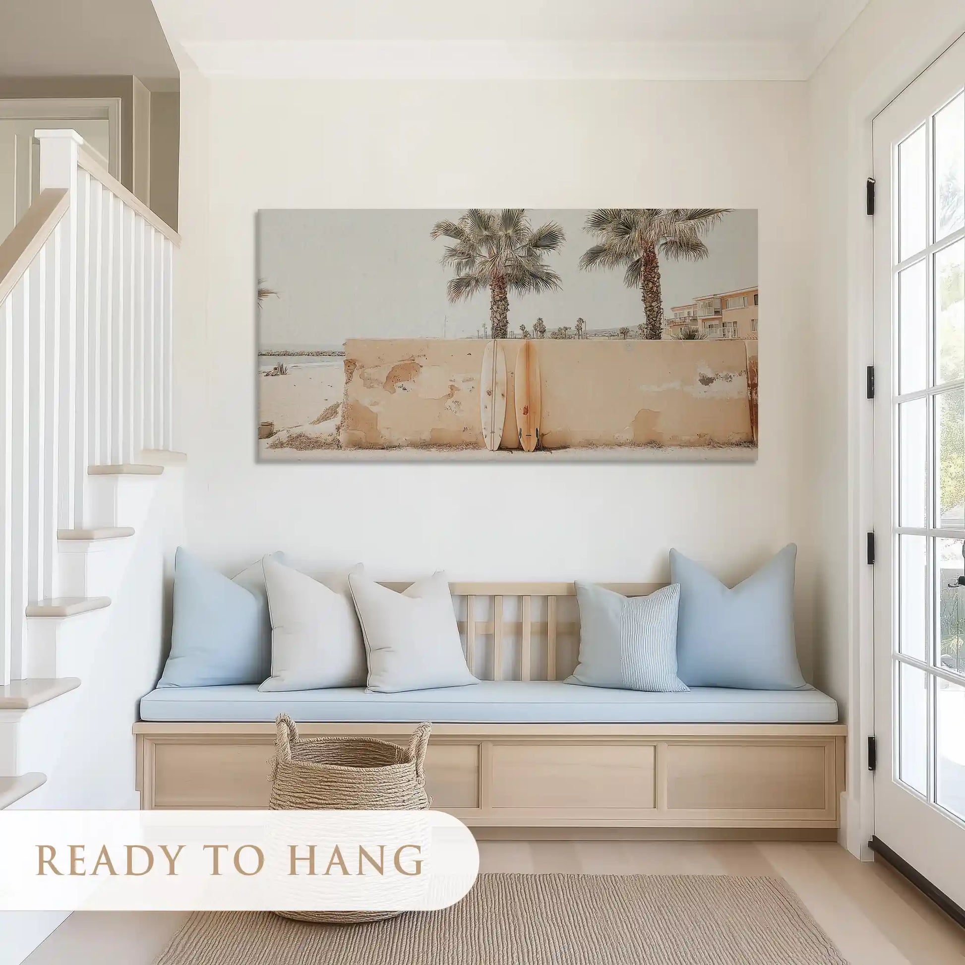 Palm tree seascape canvas wall decor blending neutral colors and rustic charm for modern homes