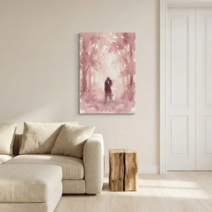 Vertical canvas art with a centered couple surrounded by light pink trees, evoking a peaceful and romantic mood.