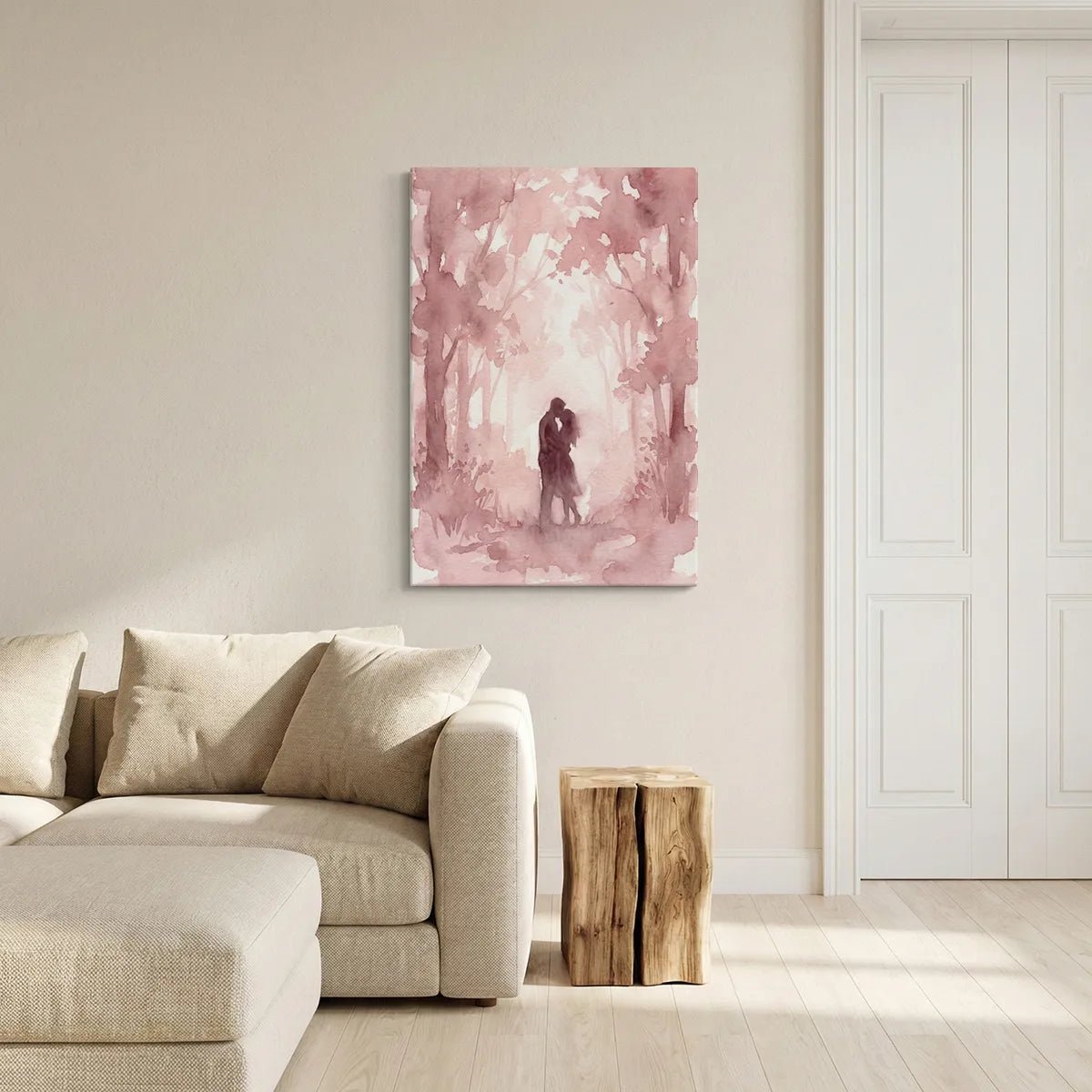 Vertical canvas art with a centered couple surrounded by light pink trees, evoking a peaceful and romantic mood.