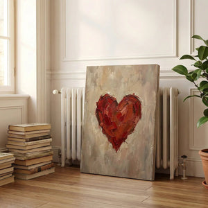 Gallery wrapped canvas with a centralized heart design in thick oil strokes, suited to rustic or modern rooms.