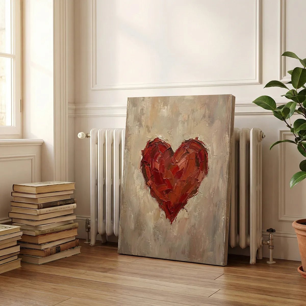 Gallery wrapped canvas with a centralized heart design in thick oil strokes, suited to rustic or modern rooms.