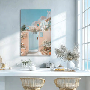 Pastel peach facade and blue door canvas print adding rustic charm to modern wall decor