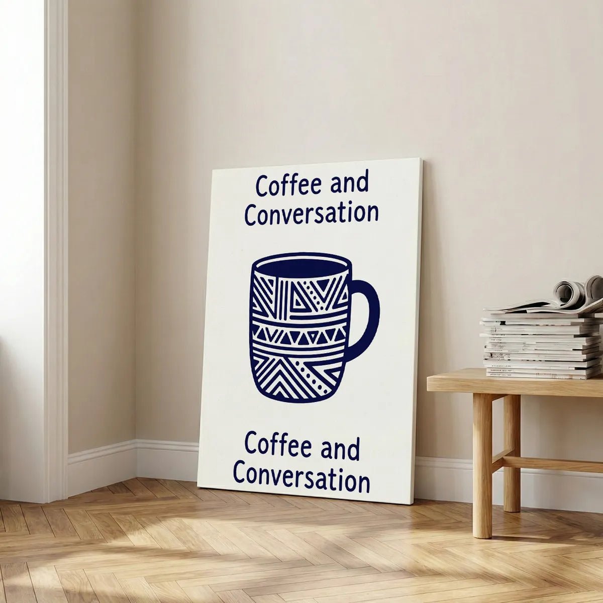 Stylized canvas artwork depicting a folk-inspired coffee mug and inviting text, rendered in a minimalist vertical layout.