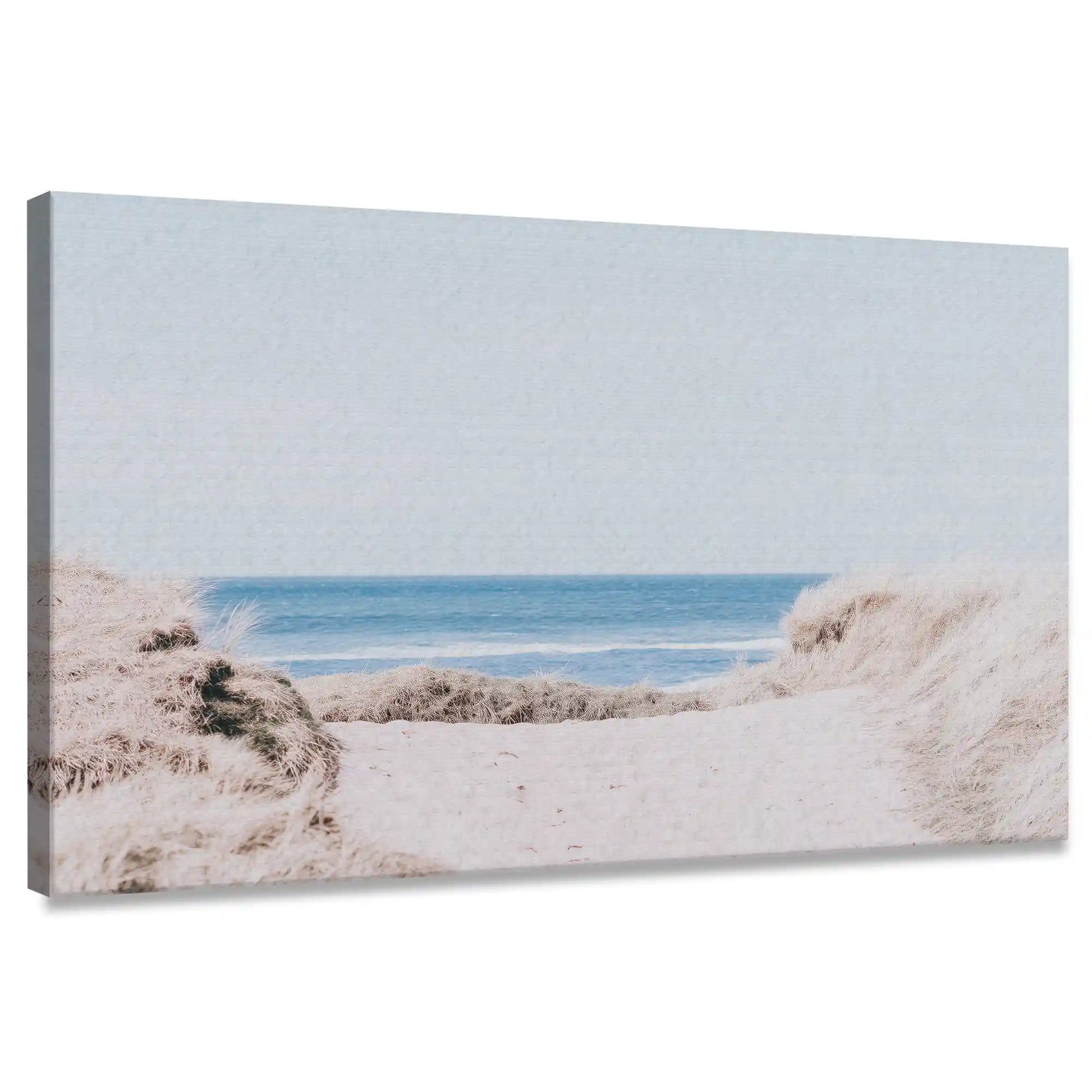 Minimalist coastal dune canvas wall art for bedroom with soft blue ocean view