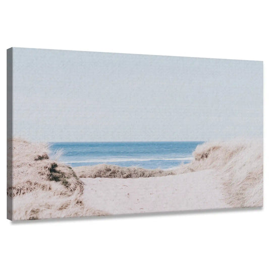Minimalist coastal dune canvas wall art for bedroom with soft blue ocean view