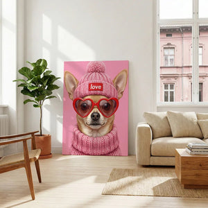 Gallery wrapped canvas showing a clean-lined digital illustration of a chihuahua in red and pink accessories