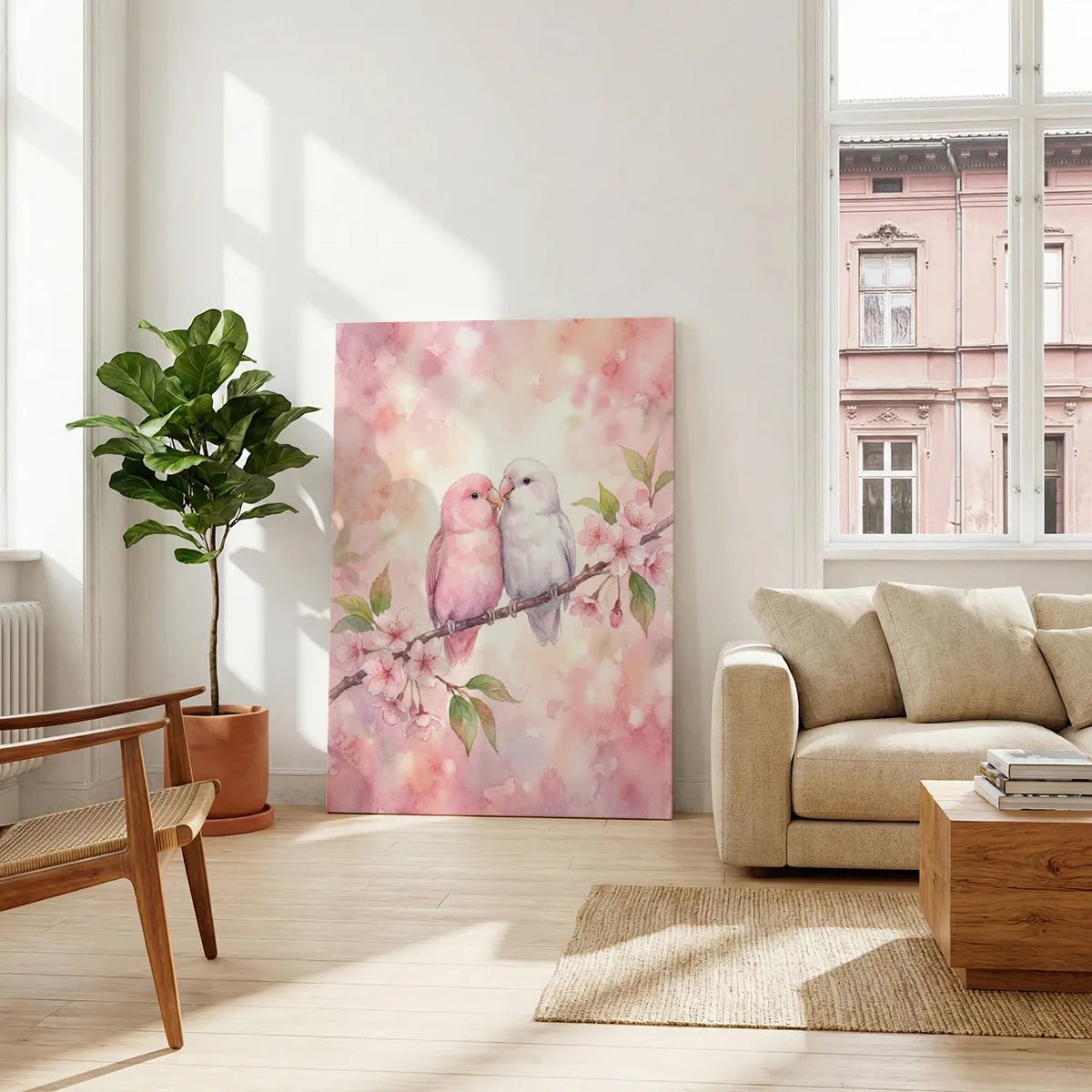 Whimsical canvas artwork depicting two birds surrounded by blooming cherry blossoms, with a soft, blended watercolor background.