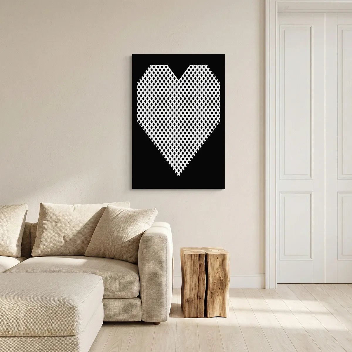 Canvas print showing a centered geometric heart in monochrome tones, rendered in a clean, graphic style