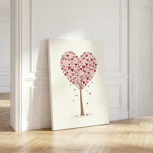 Charming canvas print of a digital illustration with a symmetrical heart tree in warm pastel colors and clean lines.