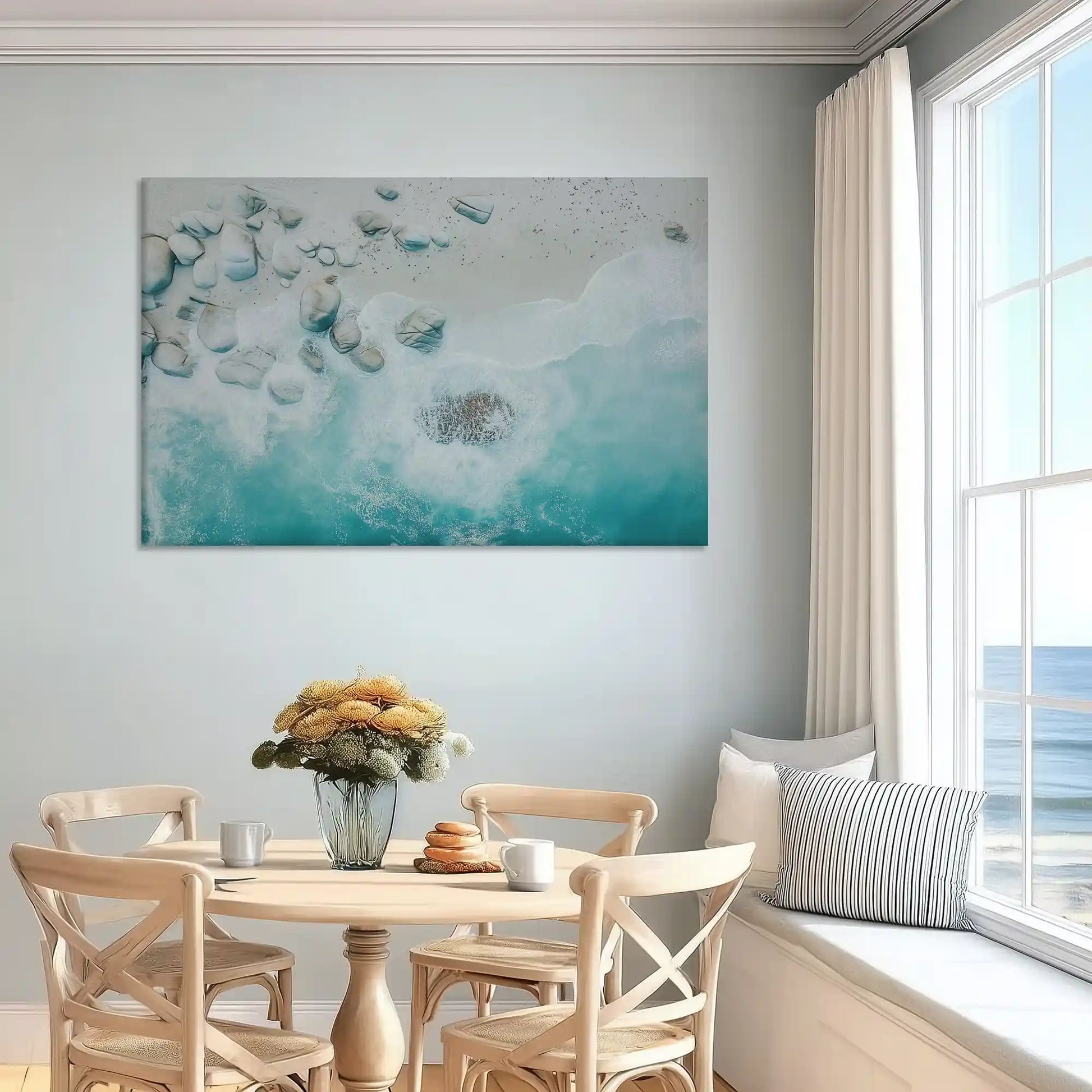 Ocean waves and sand canvas art enhancing light-filled bedroom wall design