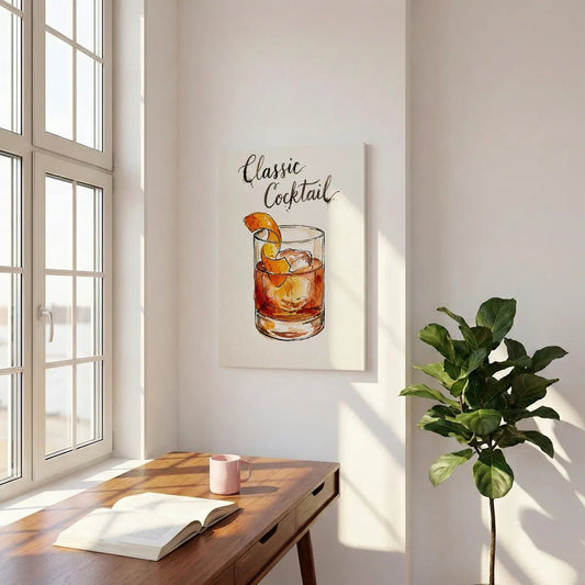 Loose watercolor illustration of a cocktail glass with orange peel on canvas wall art, styled for kitchen or bar decor