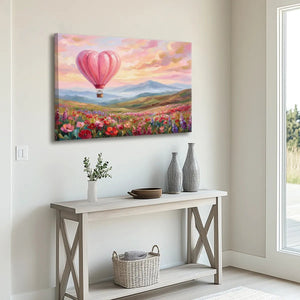 Fine art canvas with a dreamy heart balloon above a multicolored flower landscape and softly blended mountain range.