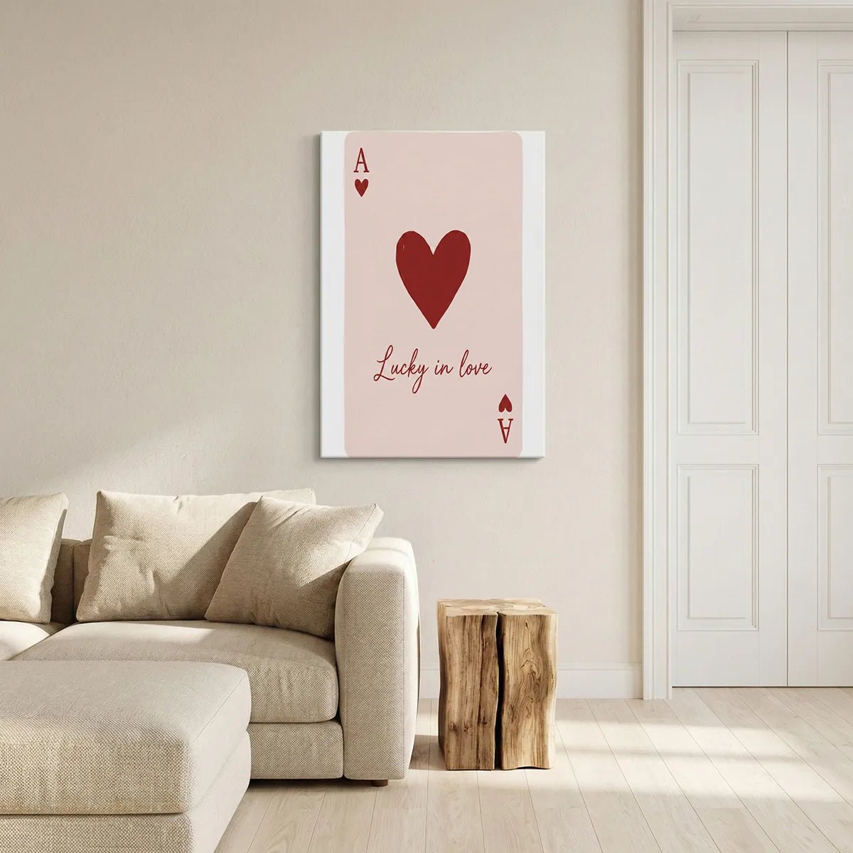 Fine art canvas featuring a minimalist heart and letter A motif with soft pink and white tones in a vertical layout.