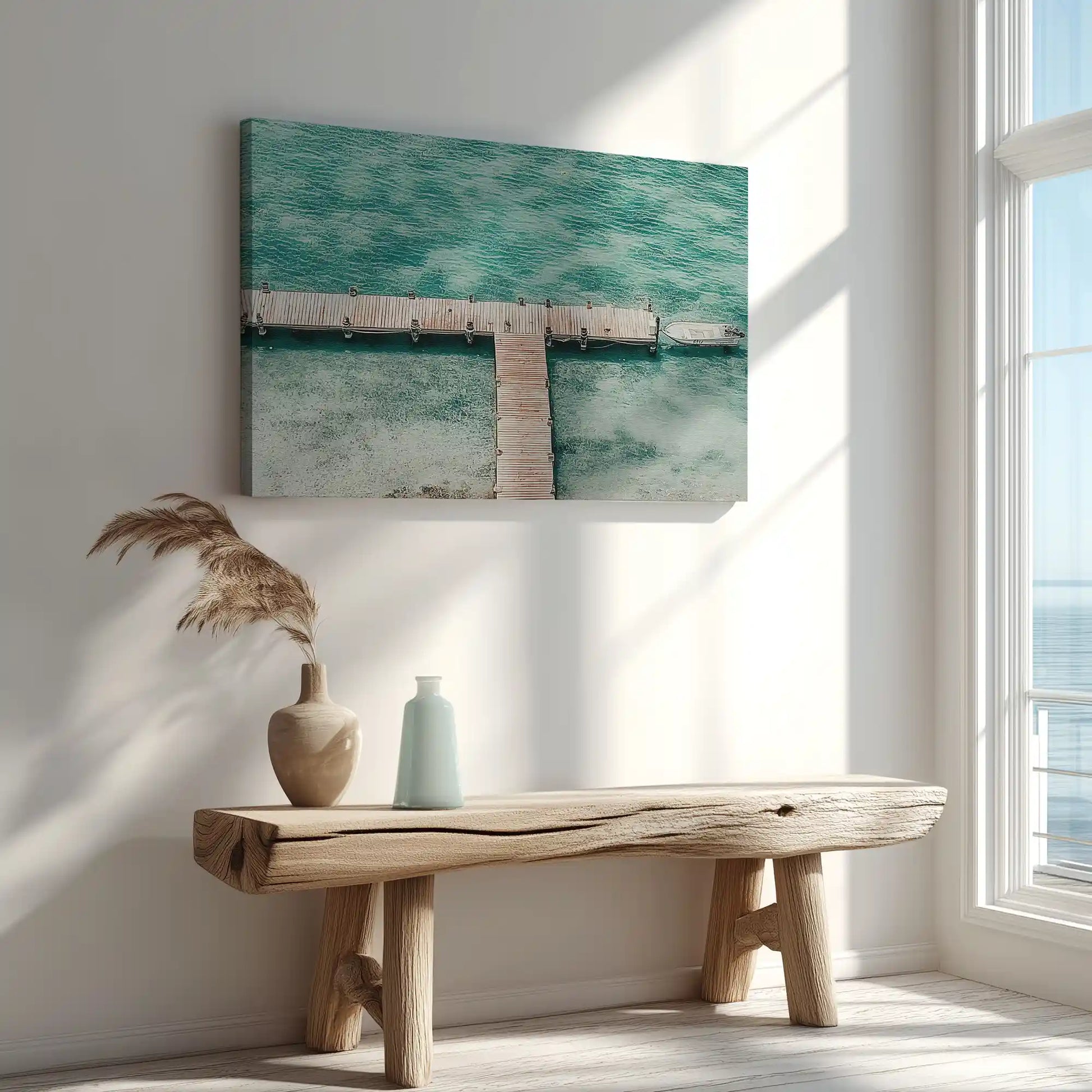 Wooden pier and waves captured in canvas print with natural seascape style