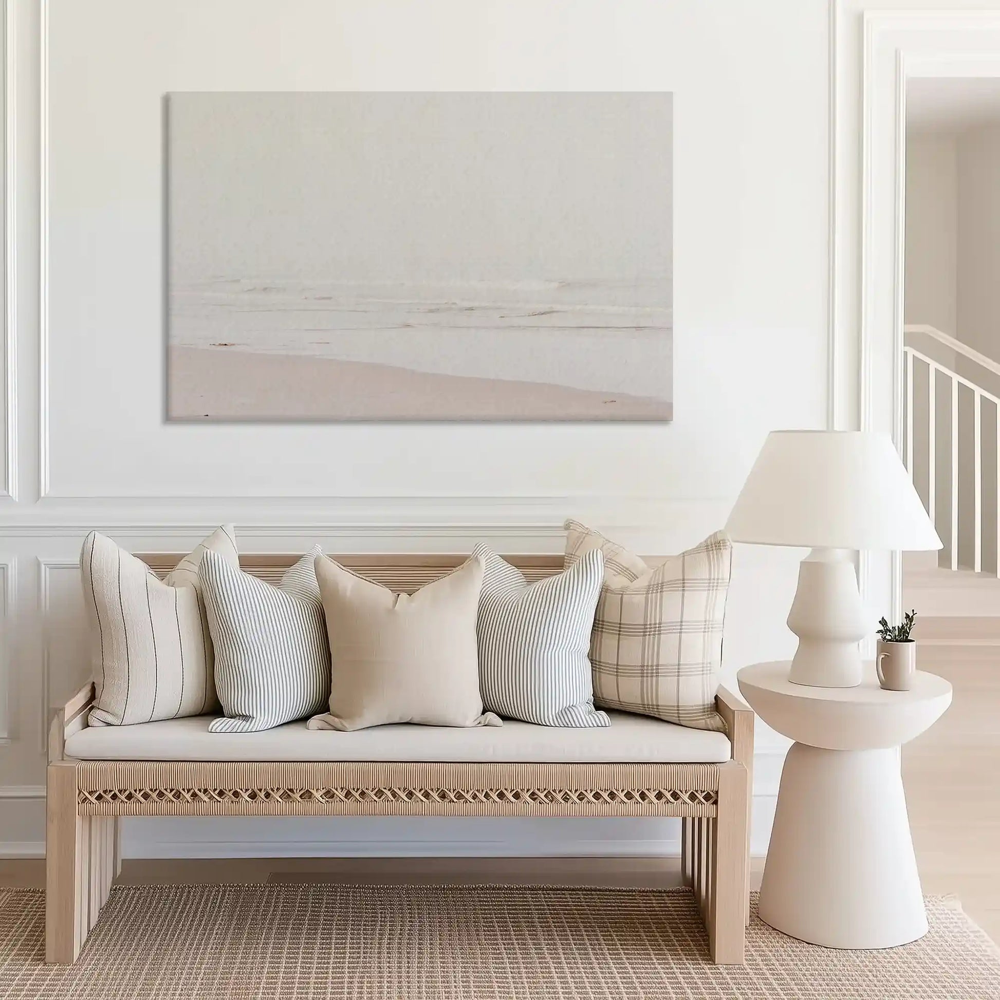 Large pastel beach canvas print perfect for above sofa placement in airy spaces