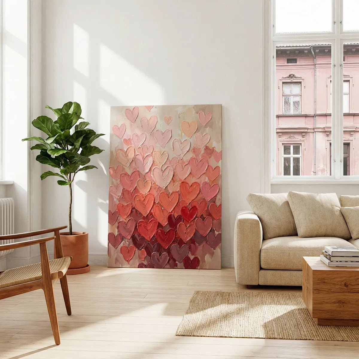 Decorative canvas print featuring a romantic arrangement of hearts in peach, maroon, and pink with a layered oil finish.