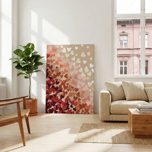Bold canvas artwork showcasing a dense heart cluster in the bottom left fading into open space at the top right