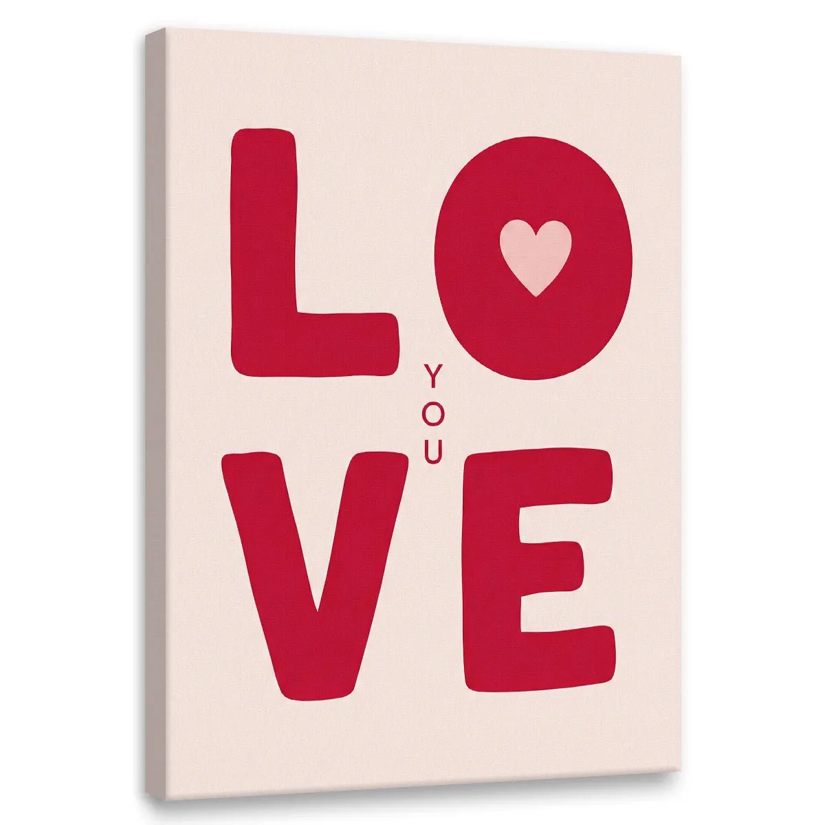 Minimalist canvas wall art featuring bold red letters spelling LOVE with a heart inside the O and YOU placed vertically between L and V