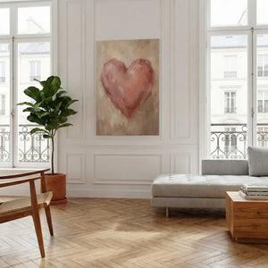 Gallery wrapped canvas with a centered heart motif in pink tones, surrounded by a softly blended neutral background.