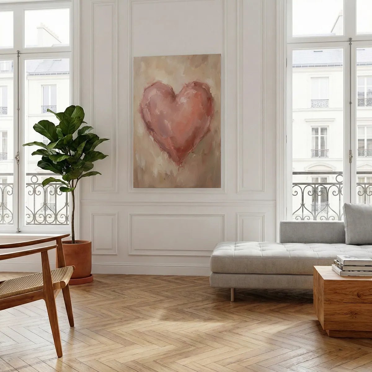 Gallery wrapped canvas with a centered heart motif in pink tones, surrounded by a softly blended neutral background.