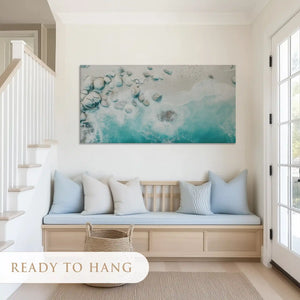 Calm turquoise shore canvas art with sandy textures for airy contemporary living rooms