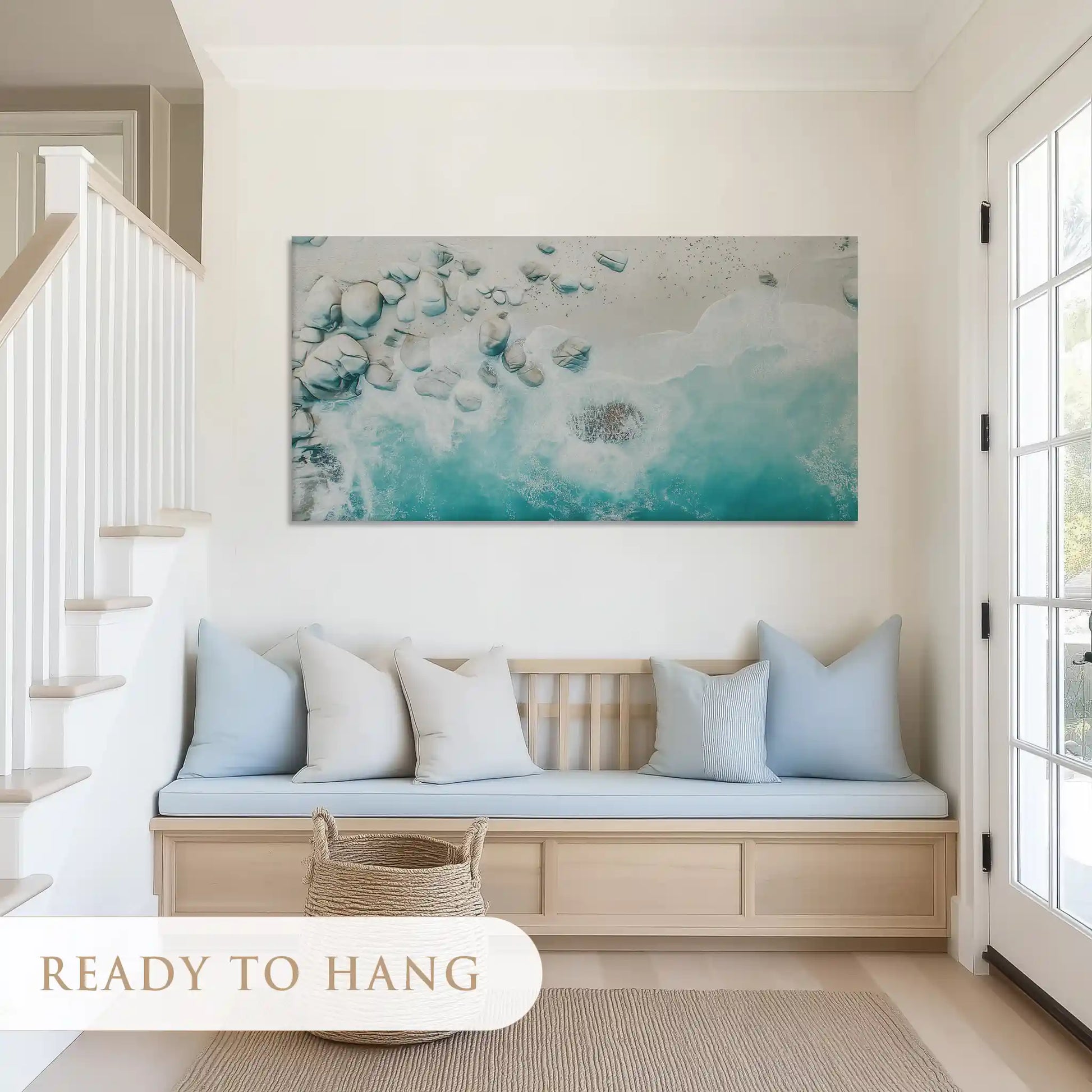 Calm turquoise shore canvas art with sandy textures for airy contemporary living rooms