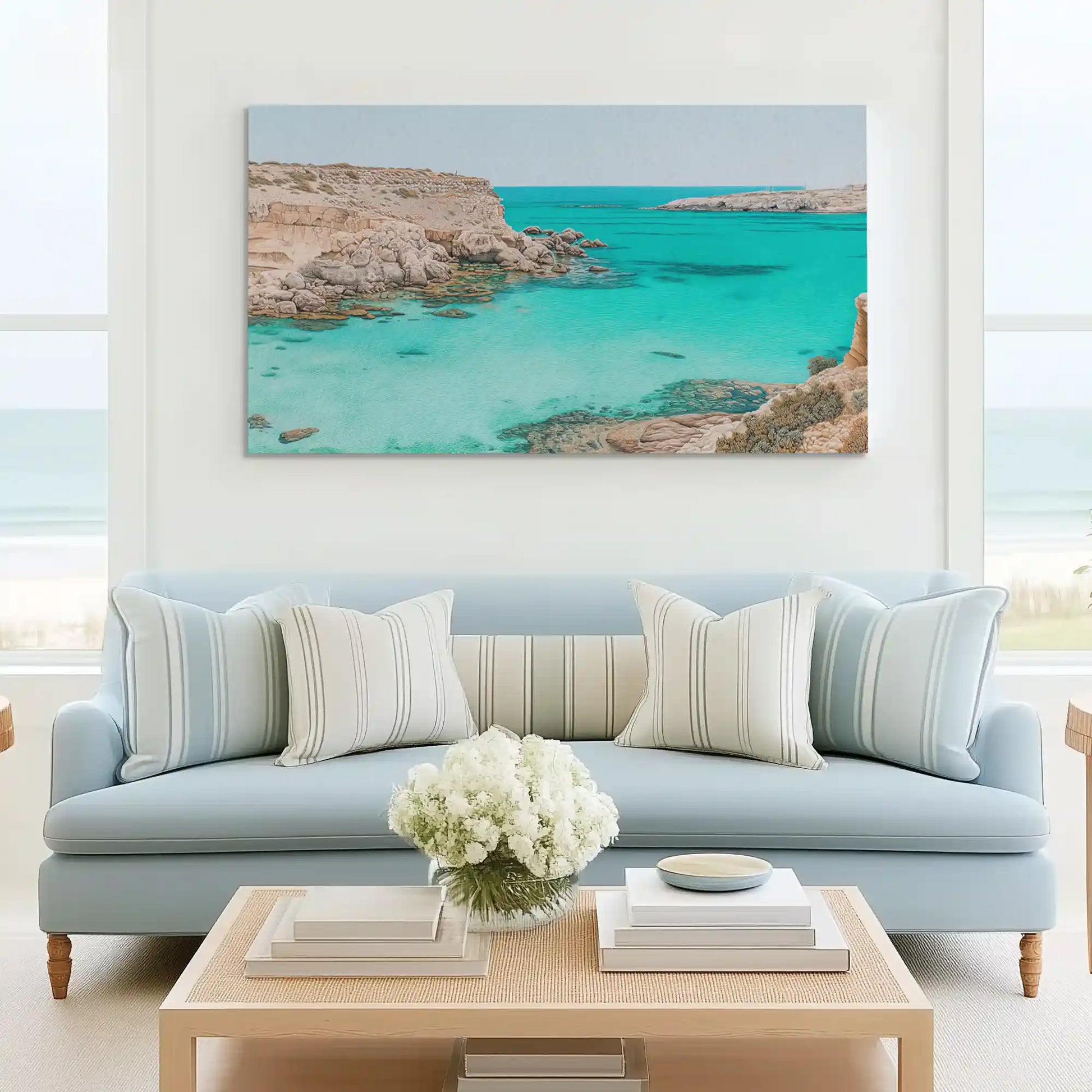 Dynamic ocean view canvas wall art complementing modern coastal-inspired décor