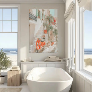 Neutral coastal village canvas art enhancing modern wall decor with warm cultural charm