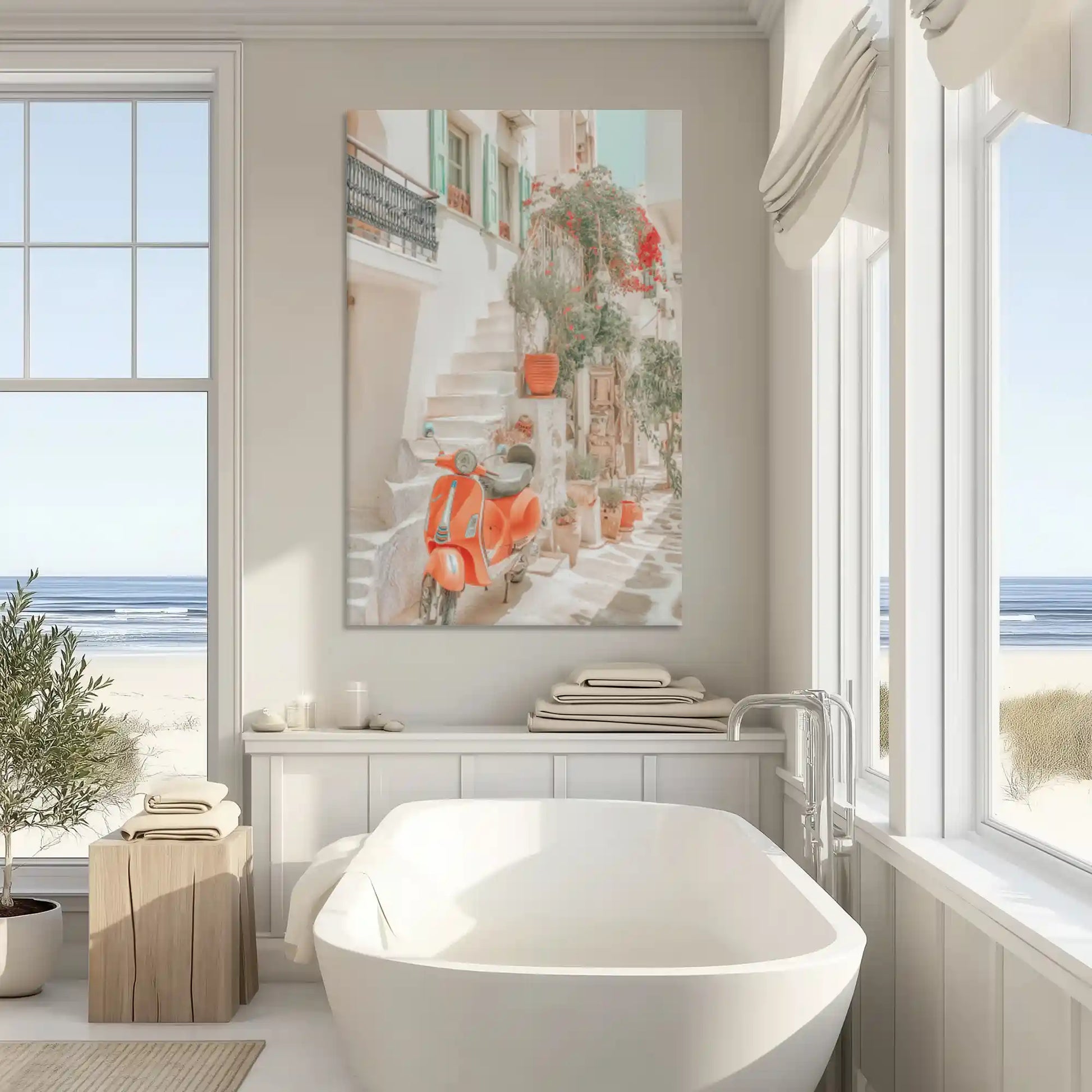 Neutral coastal village canvas art enhancing modern wall decor with warm cultural charm