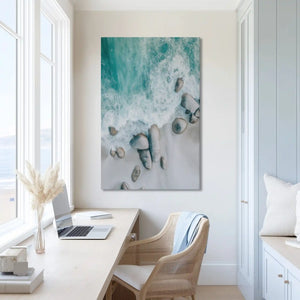 Extra large aerial beach canvas wall art showcasing turquoise waters for bright interiors