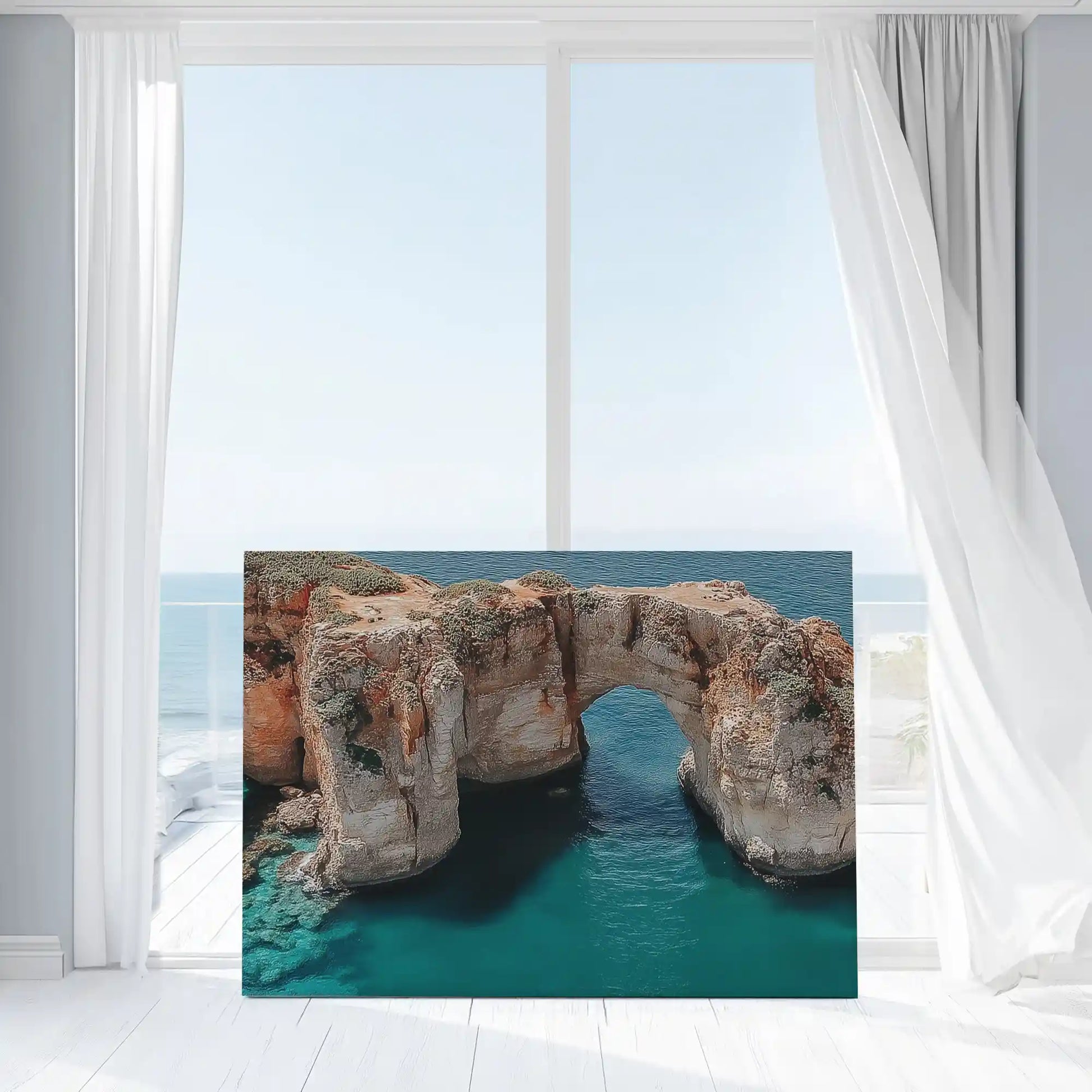 Soft blue ocean cliffs wall art bringing a calm seaside mood into contemporary home decor