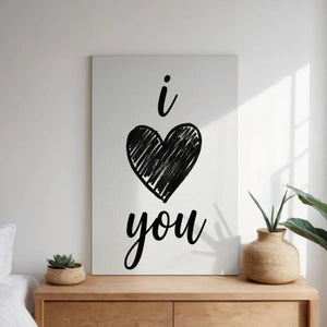 Gallery wrapped canvas with a centered heart and handwritten text in black on white, styled for casual contemporary decor