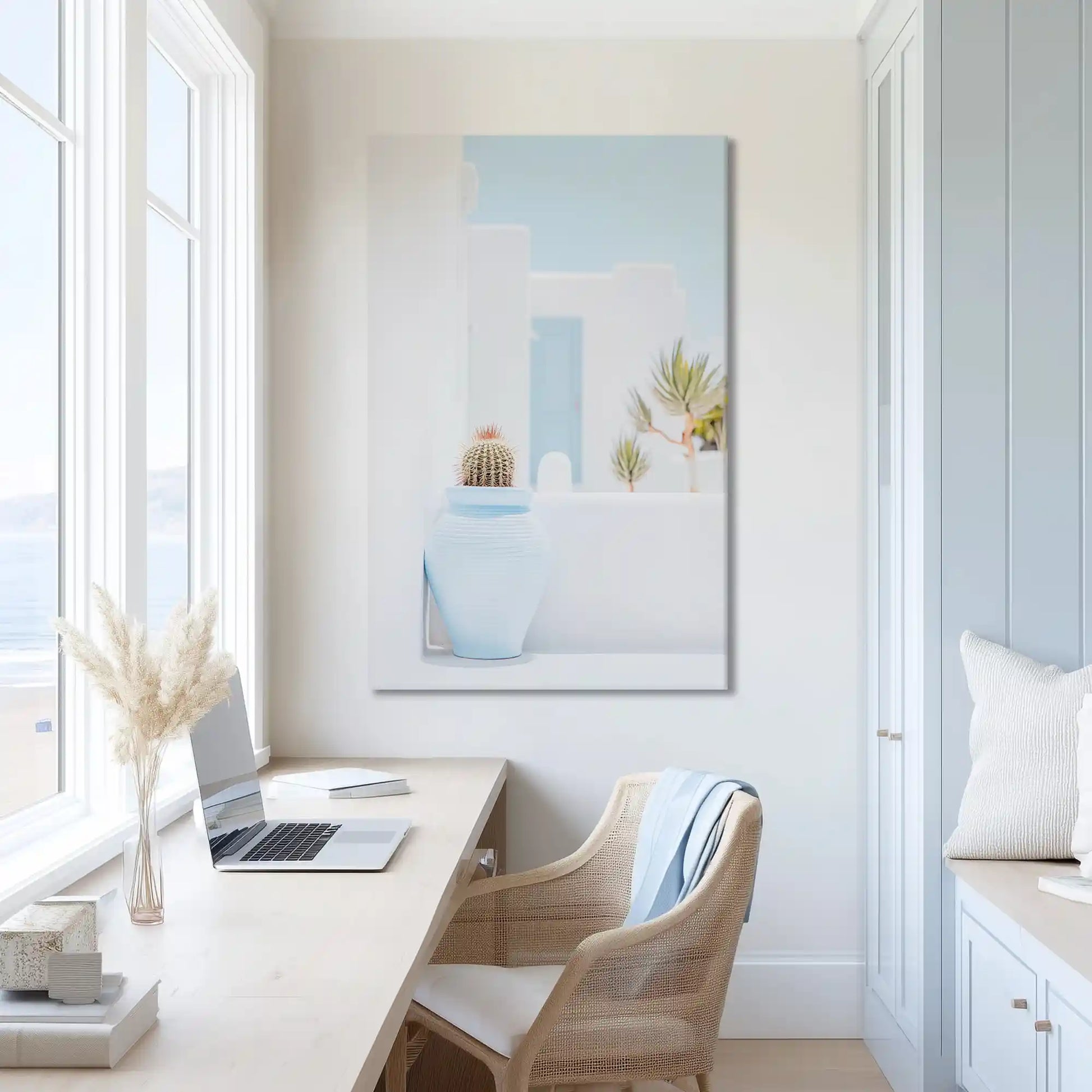 Peaceful pottery and plants painting with soft tones for minimalist homes