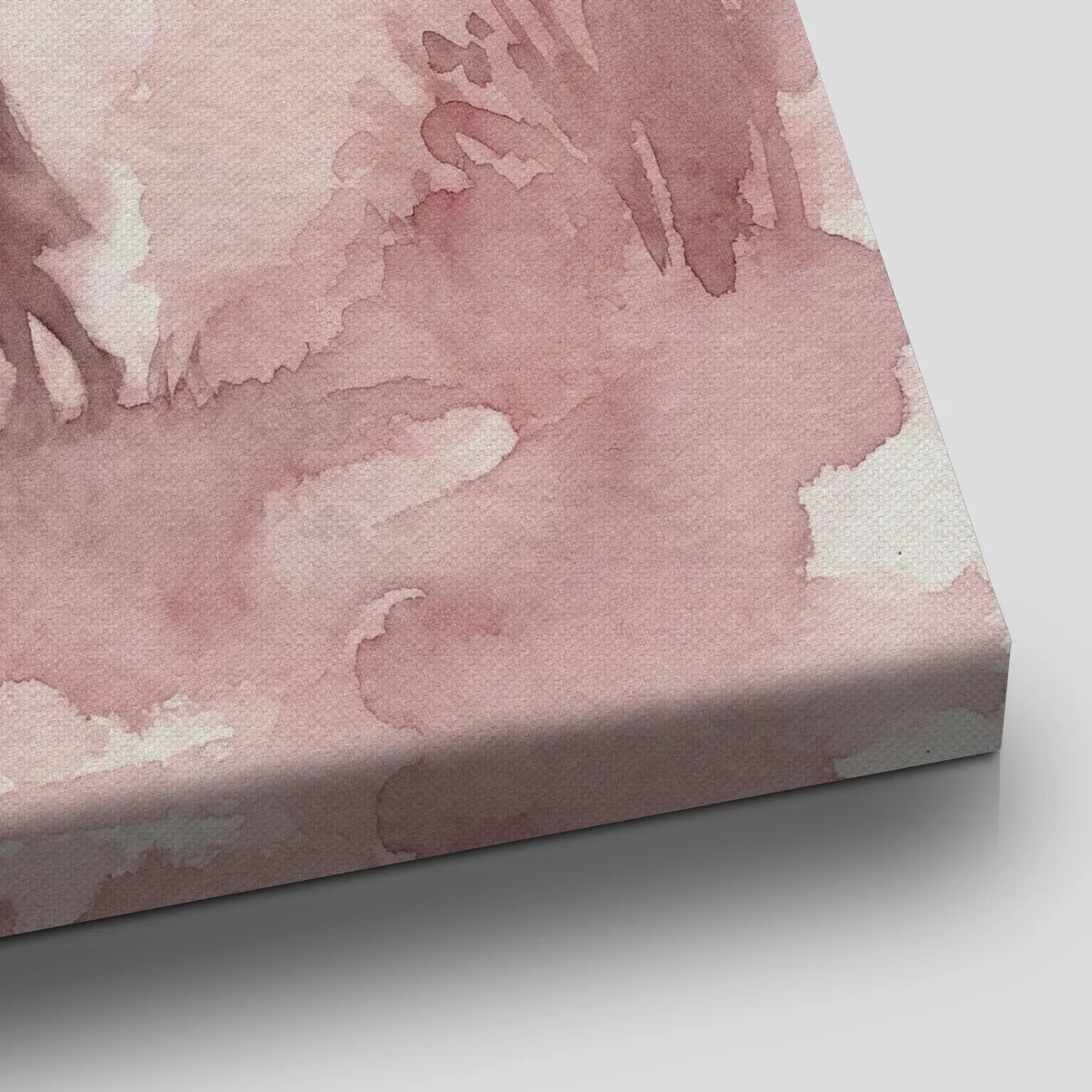 Fine art canvas of a couple in silhouette within a delicate pink forest, rendered in a soft and intimate watercolor style.