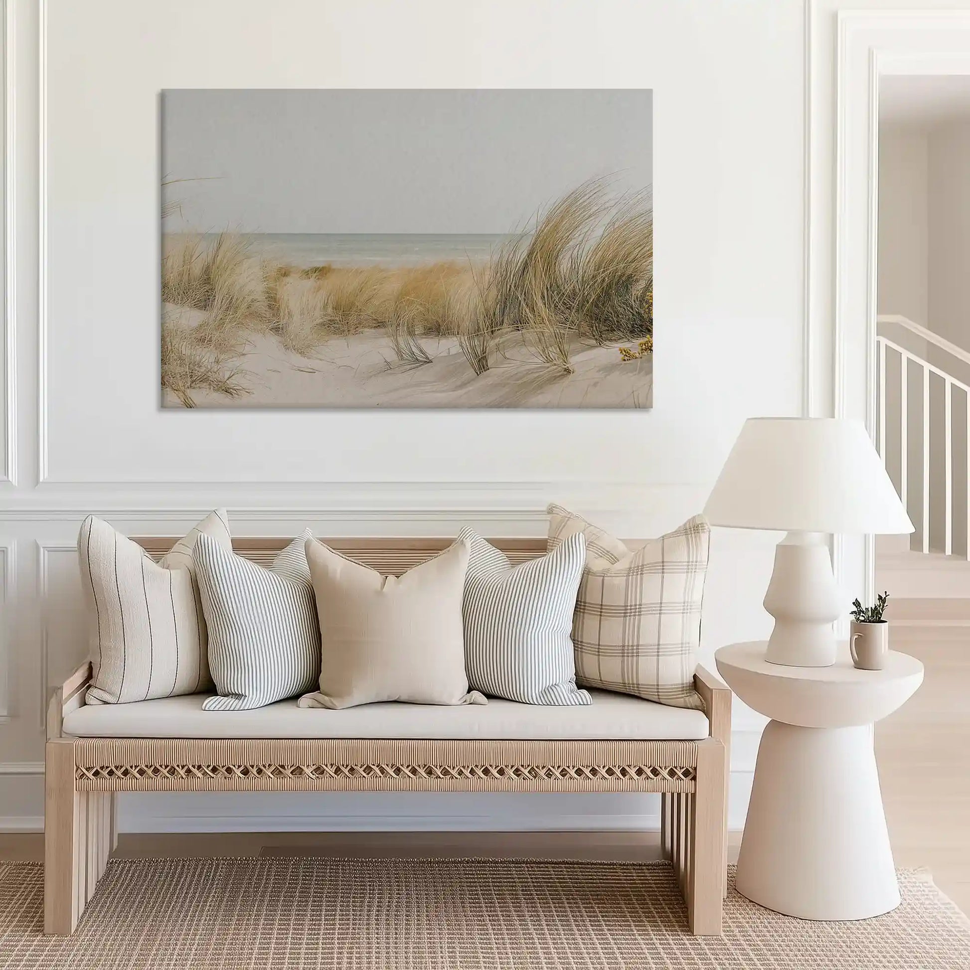 Large sandy dune canvas print perfect for above sofa placement in bright spaces