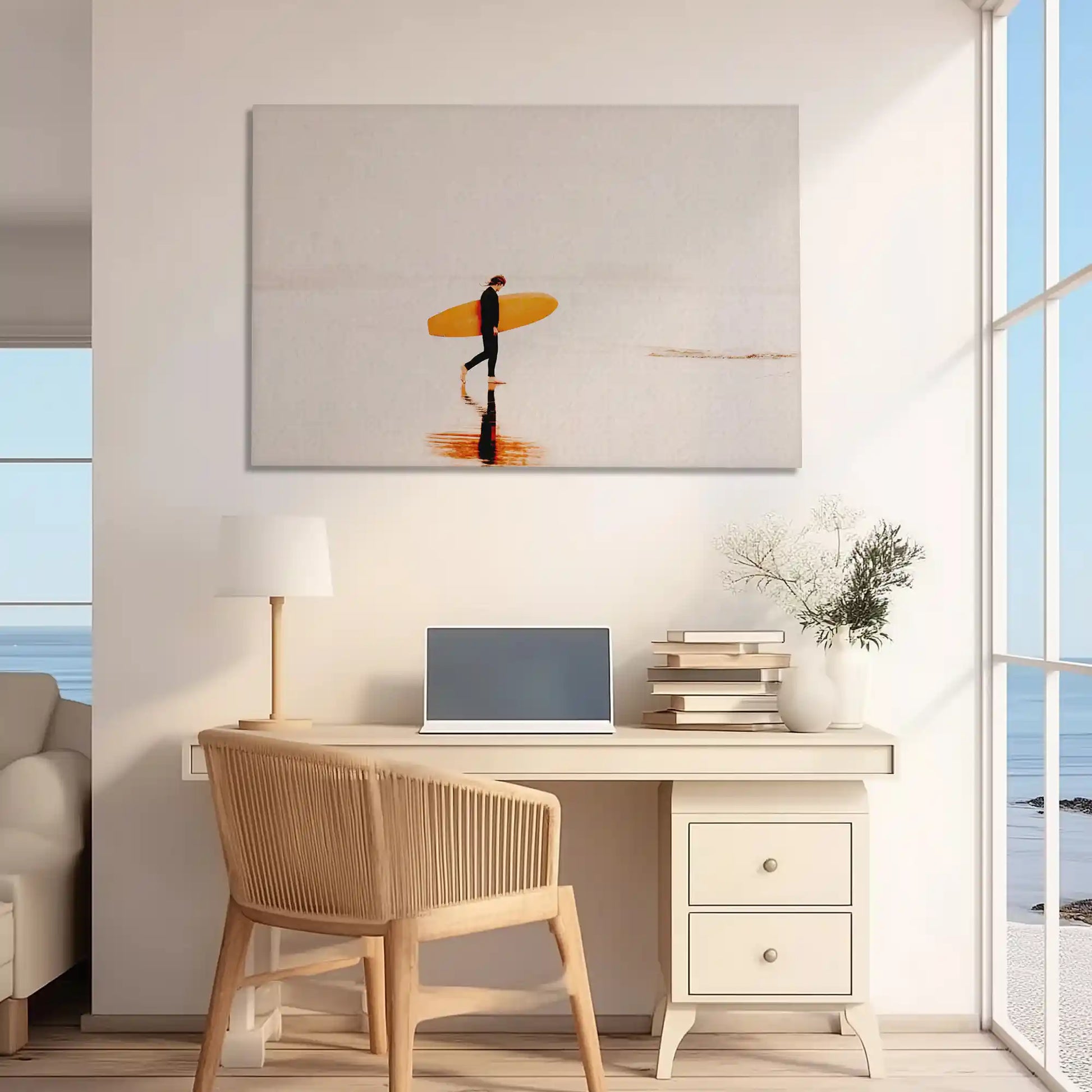 Rustic seaside canvas print adding surf-inspired charm to a home office