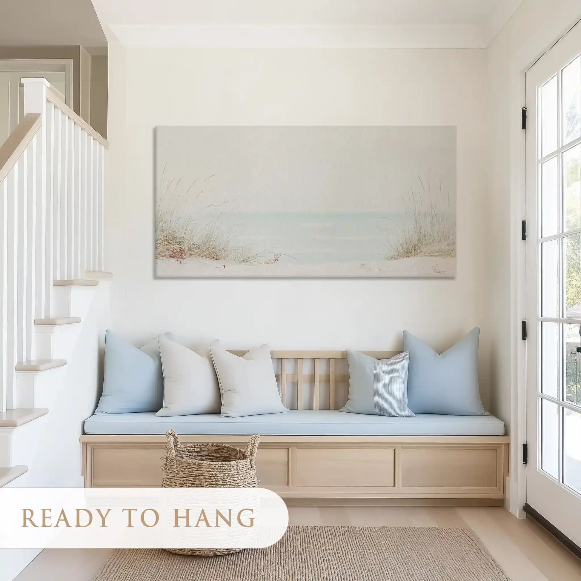 Large coastal canvas wall art designed for above couch centerpiece in airy coastal homes