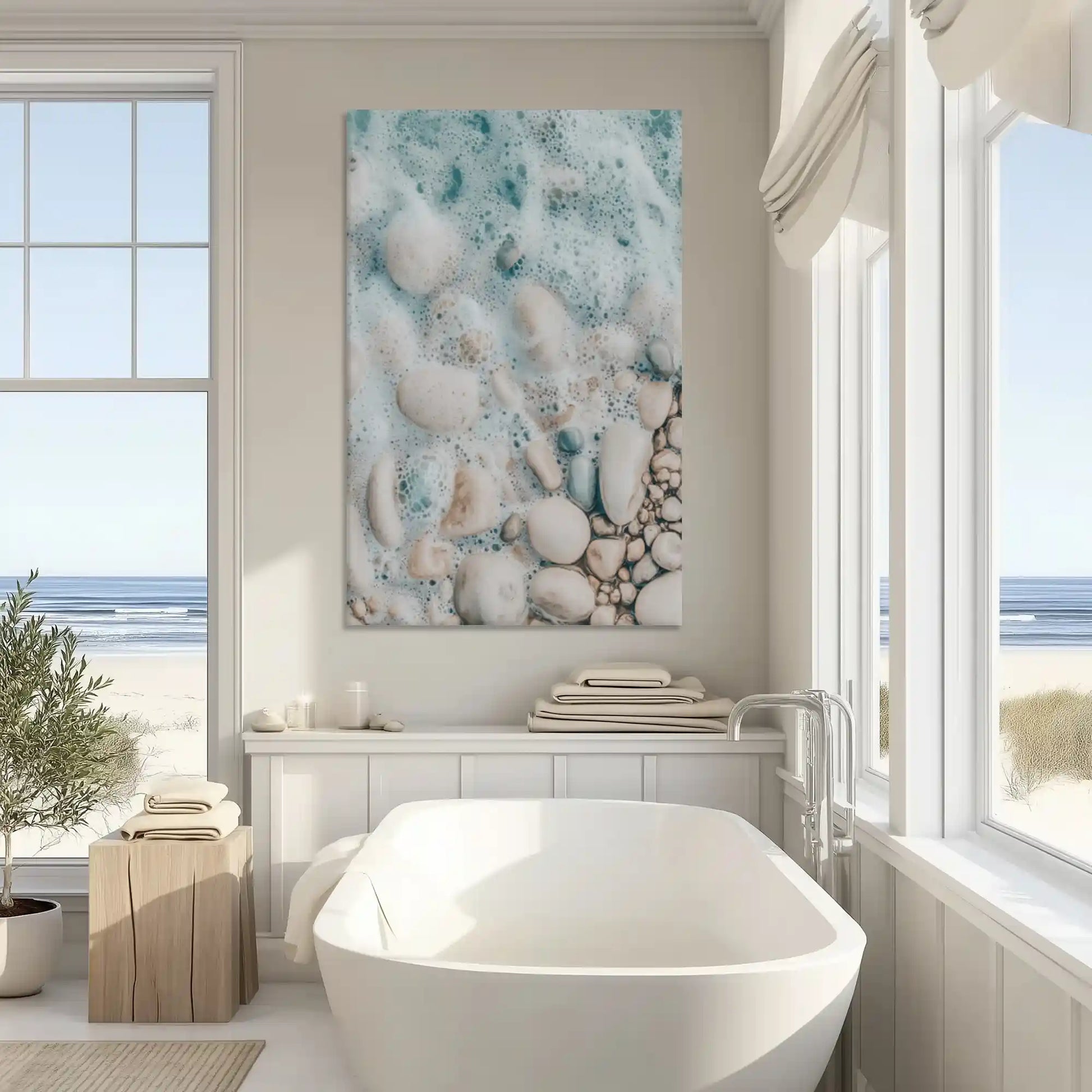 Neutral coastal pebble canvas art enhancing modern wall decor with fresh seaside tones